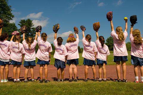 Young campers prepare for a softball game.